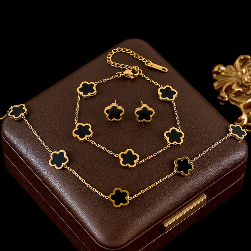 The Felicity Clover Jewellery Set - 18k Gold Plated | Deep Black