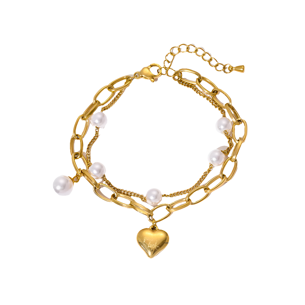 The Annelise Layered Pearl & Heart Bracelet - Gold